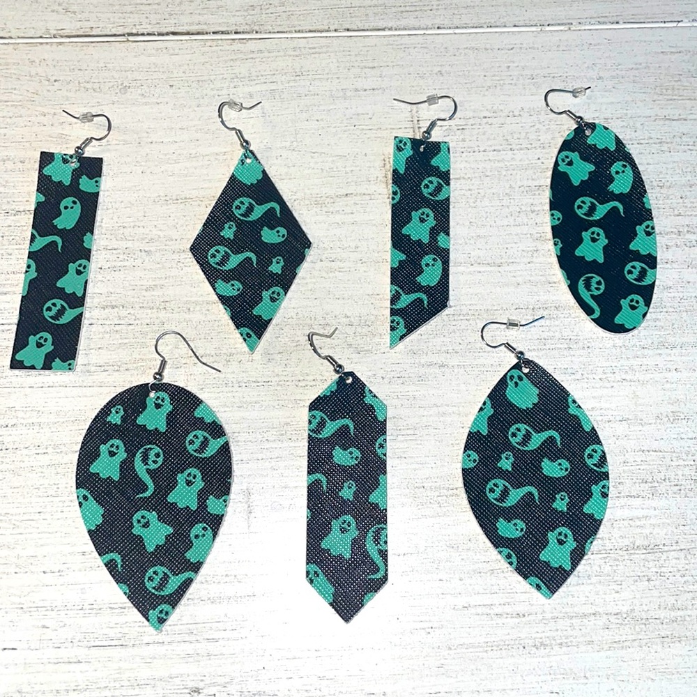 Black with green ghost faux leather earrings